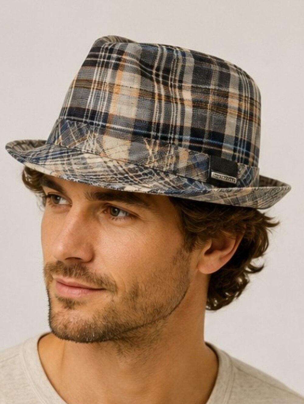 Stetson Plaid Linen Blend Fedora Hat Trilby Mens XL Classic Short Brim Blue Gray